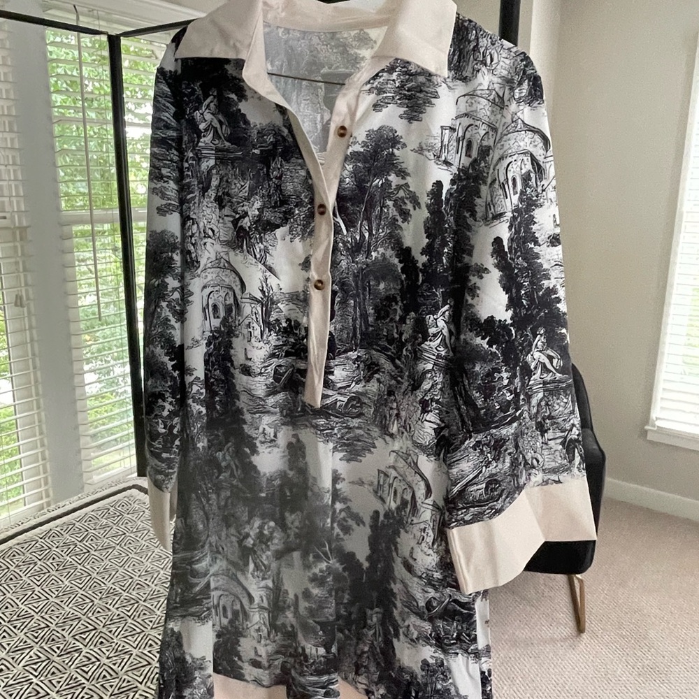 Black & White Scenic Print Button Polo Dress